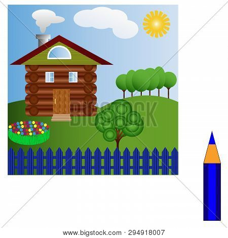 Beautiful Landscape With A Good Lodge From Logs With A Bed Of Multi-colored Flowers, Green Trees, Th