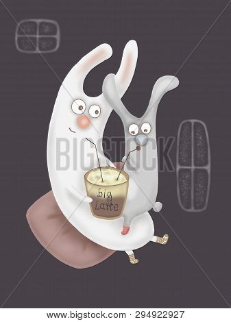 Postcard Love Hares Drink Coffee Black Background
