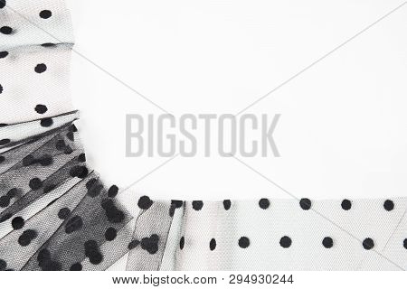Black Textile Tulle With Circles Like Frame On White Background. Abstract Art Design Backdrop. Copy 