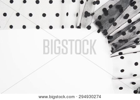 Black Tulle Material Frame Background On White Space. Abstract Shape Of Fabric With Copy Space. Top 