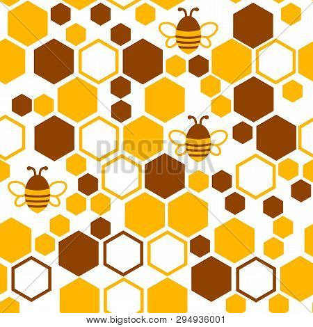 Geometric Seamless Pattern With Honeycomb And Bee. Vector Illustration