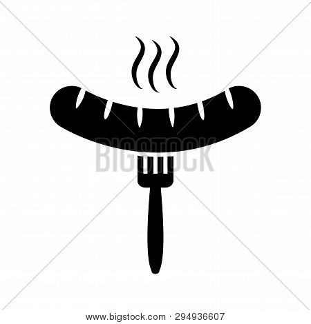 Grilled Sausage With Fork, Barbecue, Black Icon. Vector Illustration