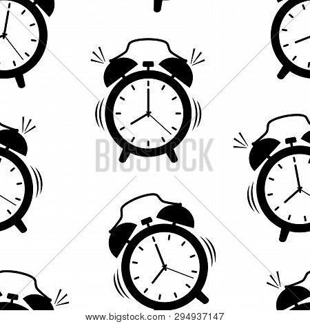 Seamless Pattern With Black Alarm Clock On White Background. Vector Illustration