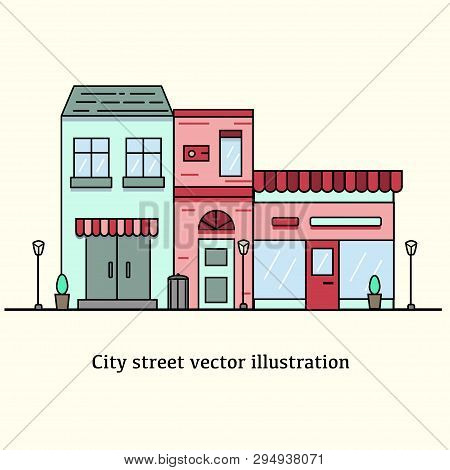 City Street Colored Vector Illustration. Three Buildings, Two Living Houses And A Cafe Corner At The