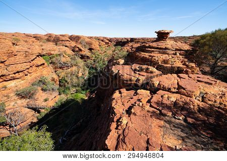 Kings Canyon Scenic Panorama With Huge Cliffs During The Rim Walk In Nt Outback Australia