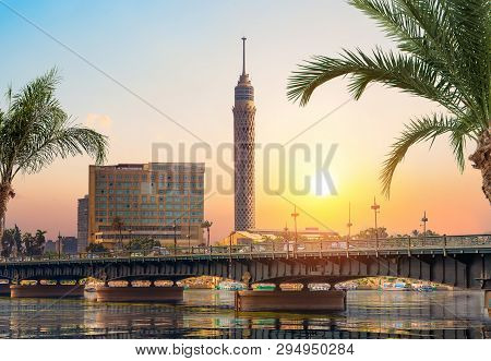Nile And Cairo Panorama In The Evening. Egypt