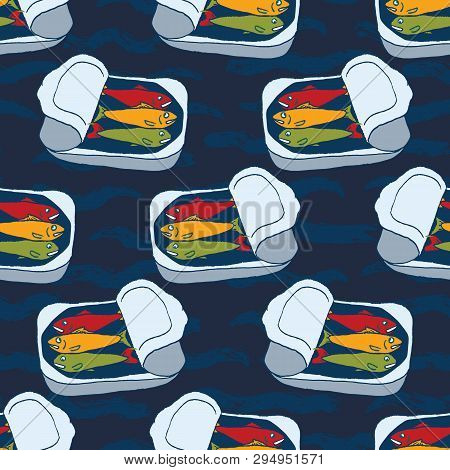 Tin Of Sardines Fish Seamless Vector Pattern. Lisbon Saint Antonio Traditional Portugese Food Festiv