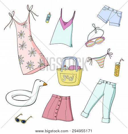 Summer Women And Gris Clothes. Set Of Colorful Vector Illustrations. Isolated On White Background. E