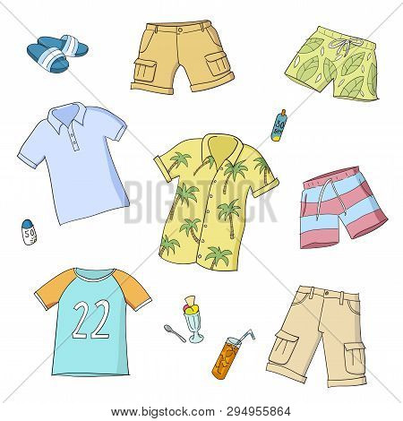 Summer Men And Boys Clothes. Set Of Colorful Hand Drawn Vector Illustrations. Isolated On White Back