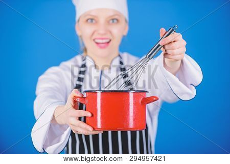 Whipping Cream Tips And Tricks. Woman Professional Chef Hold Whisk And Pot. Start Slowly Whisking Wh