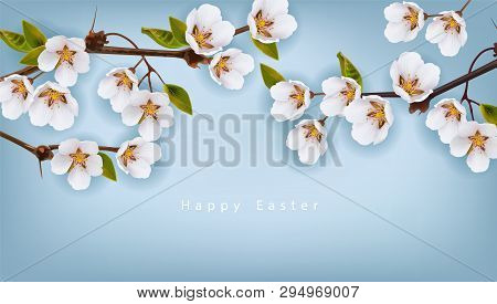 Cherry Flowers Border Vector Realistic Branches. Spring Blossom. Holiday Cards