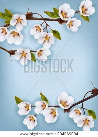 Cherry Flowers Border Vector Realistic Branches. Spring Blossom. Holiday Cards