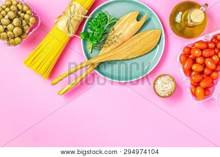 Spaghetti, Shimeji Mushroom, Olive Oil,  Pink Salt, Empty Ceramic Bowl, Wooden Spoons For Salad Over