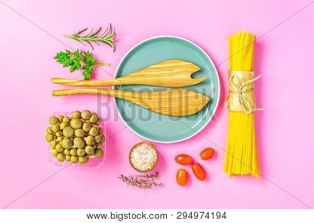 Spaghetti, Shimeji Mushroom, Olive Oil,  Pink Salt, Empty Ceramic Bowl, Wooden Spoons For Salad Over