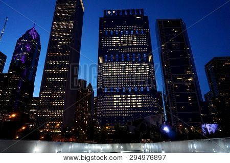 Chicago, Il, Usa - May 24, 2018 - Buildings On Randolph Street, With Run Chicago Run Message At The 