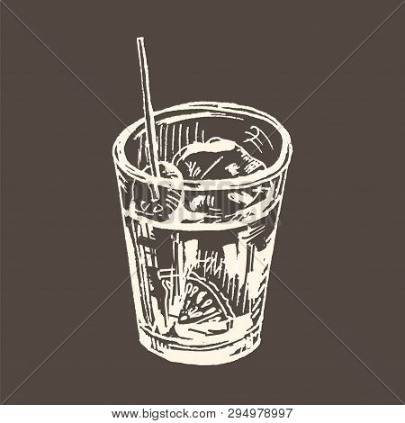 Vermouth, Traditional Spanish Appetizer. Hand Drawn Vector Illustration. Sketch Drawing, White Chalk