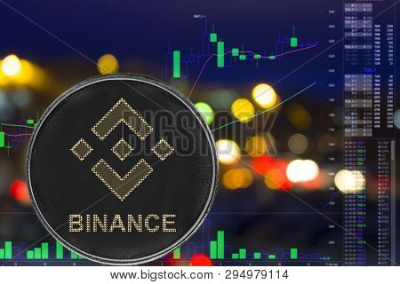 Coin Cryptocurrency Binance On Night City Background And Chart. Bnb