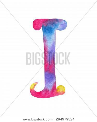 Hand Painted Watercolor English Letter I Whit Gentel Pink, Blue, Purple And Yellow Splashes