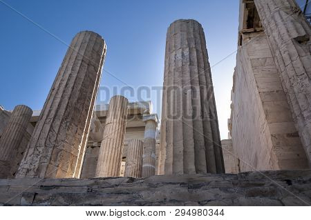 Athens, Greece - 06/23/2013 - The Entrance To Acropolis (propilea) With Columns, Athens, Greece