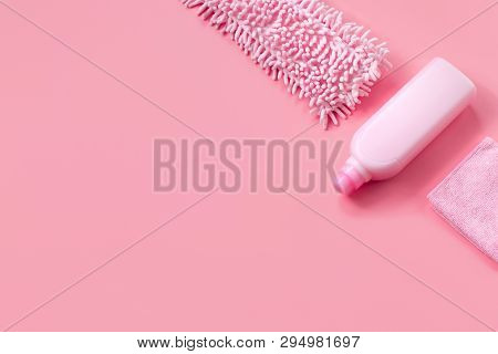 Mop, Rag And Detergent-pink Set For Spring Cleaning. Top View. Place For Text.