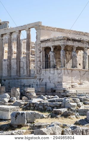 Athens, Greece - 06/23/2013 - Panoramic Background With Acropolis, Porch Of Caryatids, Erechtheum Te