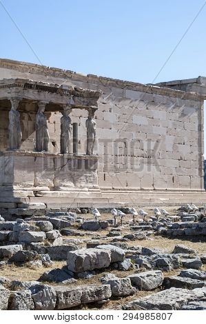 Athens, Greece - 06/23/2013 - Panoramic Background With Acropolis, Porch Of Caryatids, Erechtheum Te
