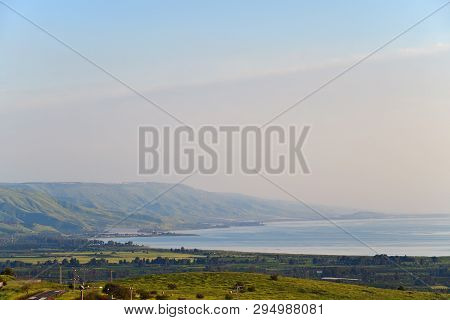 Beautiful Kinneret Lake Landscape In The Galilee At Sunset, Northern Israel.