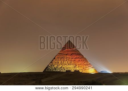 The Pyramid Of Chephren Night View In The Lights, Giza