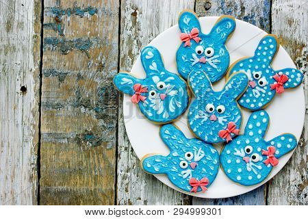 Easter Bunny Sugar Cookies, Adorable Animal-shaped Biscuits Like A Cute Blue Rabbits