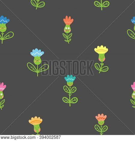 Seamless Pattern With Cutr Cartoon Peony On Dark Background. Floral Print With Blubells. Anthropomor