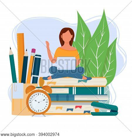 Woman Sitting On Books With Laptop Near Alarm, Pencil, Pen, Ruler. Bright Colorful Composition Stock