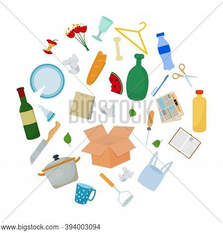 Set, Composition Different Trash, Waste Not Sorted Isolated On White Background. Ecology, Environmen