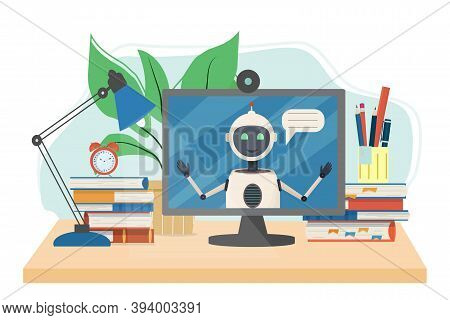 Work Place For Online Courses, E-learning, Education With Books, Alarm, Monitor With Robot Isolated 