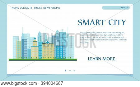 Landing Page Smart City Concept, Web Template Stock Vector Illustration. Development Of Buildings, A
