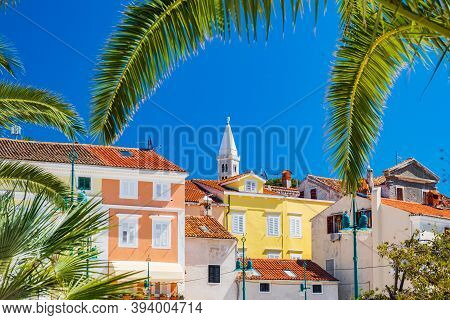 Beautiful Town Of Mali Losinj On The Island Of Losinj, Adriatic Coast In Croatia, Cathedral Tower An