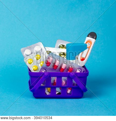 Medicines, Pills, Pills In Blister Packs, Thermostat In A Supermarket Basket. Purchase Of Tablets. S