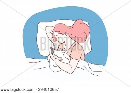 Sleeping, Relaxation And Comfortable Rest Concept. Young Woman Mother Cartoon Character Sleeping And