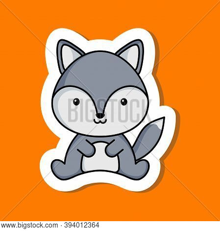 Cute Cartoon Sticker Little Wolf Logo Template. Mascot Animal Character Design Of Album, Scrapbook, 