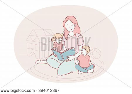 Happy Leisure And Activities At Home With Children Concept. Young Woman Mother Cartoon Character Sit
