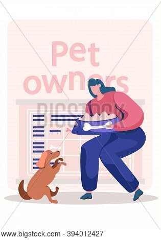 Happy Woman Character Feeding The Dog. The Owner Has Fun With Her Pet. Timetable With Symbols Of Bon