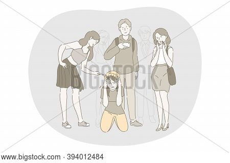 School Abuse, Harassment, Bullying, Aggression Concept. Group Of Angry Teenagers Classmates Cartoon 
