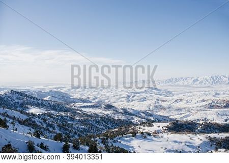 The Tract Of Beldersay, Covered With Snow In Uzbekistan On A Clear Day. Beldersay Ski Resort