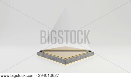 Triangle Black Granite Pedestal With Gold Top And Mirror Isolated On White Background. 3d Rendered M