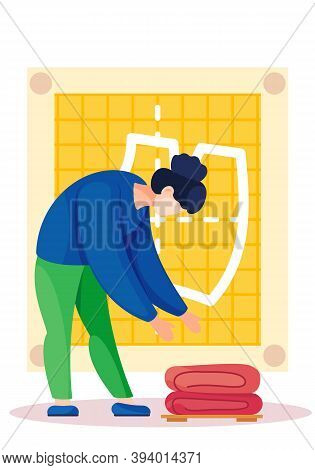 The Beautiful Girl Bends Over To Fold The Blankets. Night Cleaning In The Apartment. Preparation For