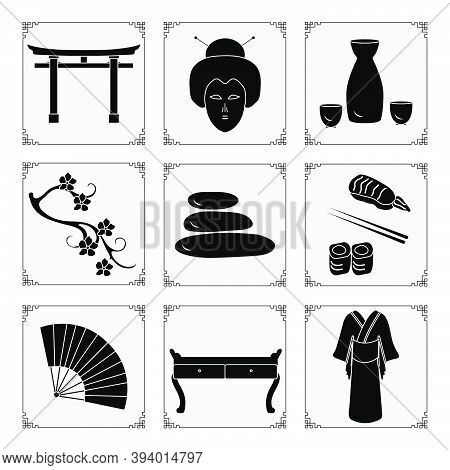 Symbols Of Japanese Culture Kimono, Geisha Face, Sake Set, Torii Ritual Gates, Sakura, Stones Massag
