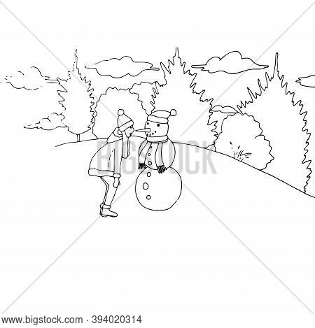Girl Snowman Tree Coloring Sheet Monochrome Hand Drawn Ink Winter Design Element Stock Vector Illust