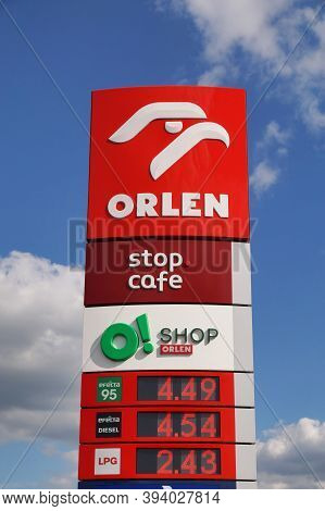 Advertising Pylon For Gas Station And Cafe. Orlen Oil Company Sign. Sieganów. Poland. May 20, 2020.s