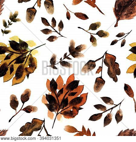Textured Autumn Pattern With Foliage, Branches And Acorns On White Background. Watercolor Texture Wi