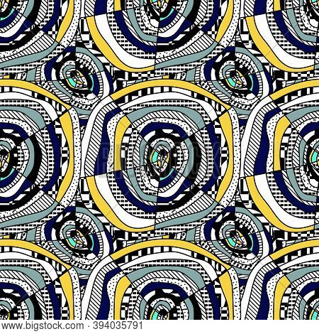 Seamless Pattern Of Circles With Abstract Ornaments Of Different Textures. Hand-drawn, Original Desi