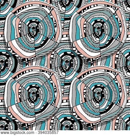 Seamless Pattern Of Circles With Abstract Ornaments Of Different Textures. Hand-drawn, Original Desi